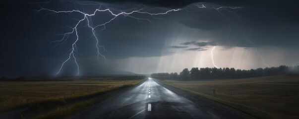 Wall Mural - storm clouds over the road with lightning,CGI Image of Lightning Striking the Middle of an Asphalt Street Amidst Stormy Weather, Intense and Dynamic Landscape