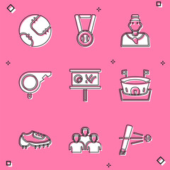 set baseball ball, medal with baseball, coach, whistle, planning strategy, arena, boot and team of p