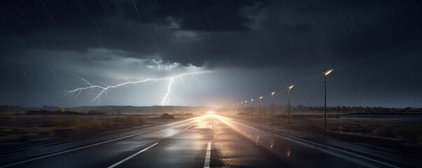 Wall Mural - storm clouds over the road with lightning,CGI Image of Lightning Striking the Middle of an Asphalt Street Amidst Stormy Weather, Intense and Dynamic Landscape