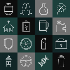 Canvas Print - Set line Fitness shaker, Car battery, Wallet with coin, Test tube and flask, Battery, Church building, Propane gas tank and Glass of beer icon. Vector