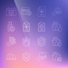 Sticker - Set line House with shield, Fire in burning house, flood, Health insurance, Travel suitcase, Calendar and Document icon. Vector