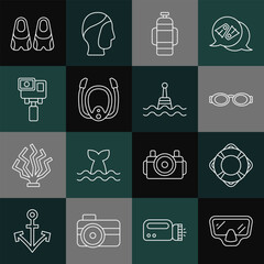 Poster - Set line Diving mask, Lifebuoy, Glasses for swimming, Aqualung, with snorkel, Action extreme camera, Flippers and Floating icon. Vector