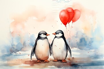 Romantic card with a pair of penguins for Valentine's Day. Delicate watercolor for wedding invitation. AI generation.