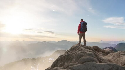 Wall Mural - adventurous man standing on top of mountain cliff. extreme adventure composite. 3d rendering peak. b