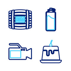 Sticker - Set line Pudding custard, Cinema camera, Sport bottle with water and Wooden barrel rum icon. Vector