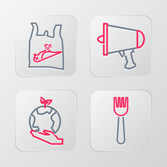 Sticker - Set line Disposable plastic fork, Hand holding Earth globe, Spread the word, megaphone and Dead bird, icon. Vector