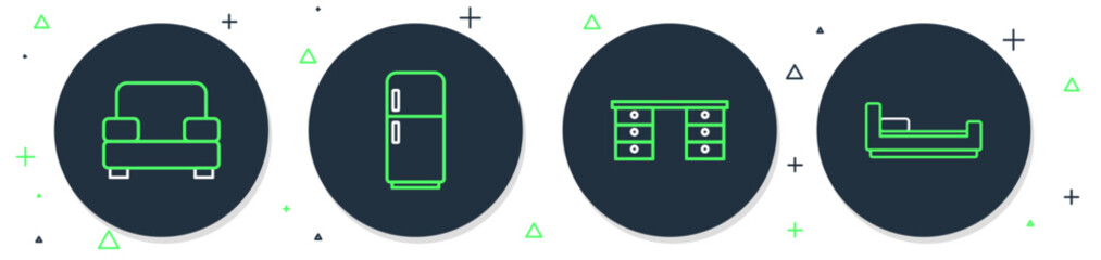 Poster - Set line Refrigerator, Office desk, Armchair and Bed icon. Vector