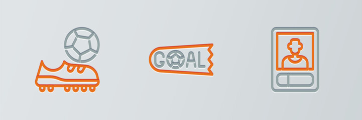 Wall Mural - Set line Football or soccer card, shoes and Goal football icon. Vector