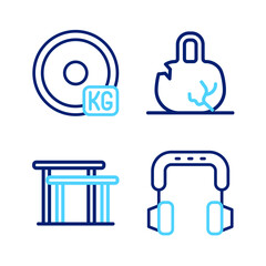 Sticker - Set line Headphones, Uneven bars, Broken weight and Weight plate icon. Vector