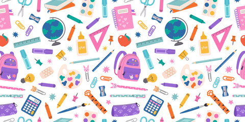 Vector seamless pattern from school supplies in hand drawn style. Back to school. Backpack, globe, pencil, notebook, stationery and books.