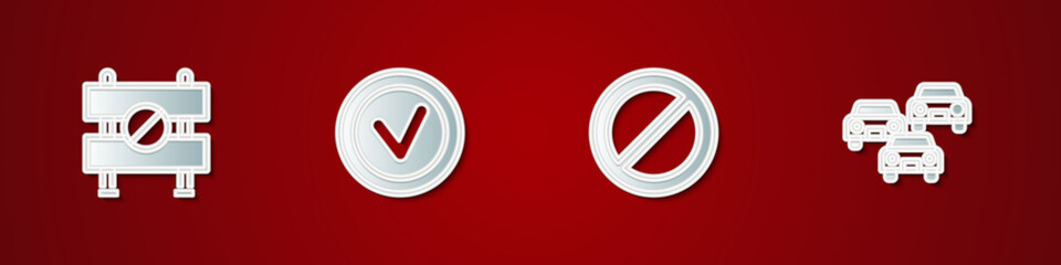 Sticker - Set Road barrier, Check mark in round, Ban and Traffic jam icon. Vector