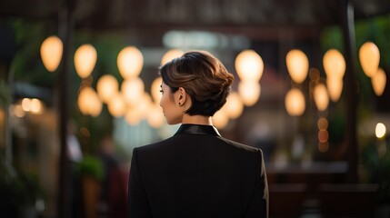 Wall Mural - AI generate. Asian woman. backside of business woman with bokeh light. business district background.generative ai