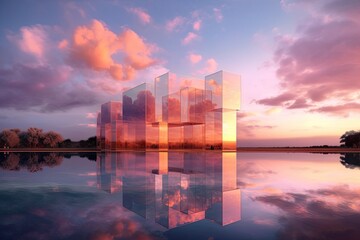 Wall Mural - The structure of the cloud. A futuristic abstract landscape. A reflection of the lake in the sunset clouds. modern glass structures