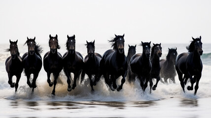 Black horses in full galop, galloping through waves, on a white background.