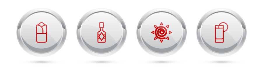 Sticker - Set line Burrito, Tabasco sauce, Sun and Tequila glass with lemon. Silver circle button. Vector