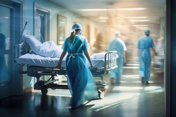 Hospital emergency team rush patient on gurney to the operating theater. Corridor in medical clinic with working doctors, motion blur effect. Created with Generative AI