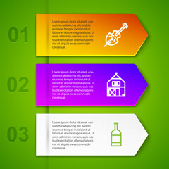 Sticker - Set line Violin, Farm House, Beer bottle and Retro wall watch. Business infographic template. Vector