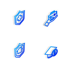 Sticker - Set Isometric line Hand holding briefcase, Health insurance, House with shield and Graduation cap coin icon. Vector