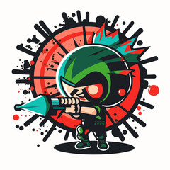 Wall Mural - Aggressive Paintball player with a handgun is shooting at the target. Color explosion on the background of the slide. Cartoon illustration