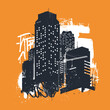 Dark silhouette of modern city skyscrapers with grunge graffiti texture and paint stains. Atmospheric cityscape vector illustration. Ideal for wall decor, t-shirt print, poster, music cover, etc.