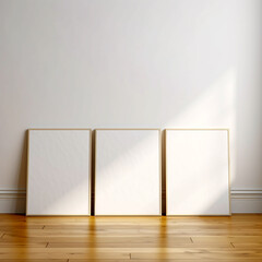 Set of 3 poster frame mockup standing on wooden floor, minimalist interior design, 3d rendering, realistic wall art templates