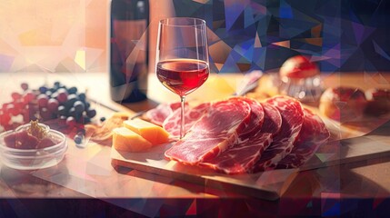 Wall Mural - Charcuterie is shown in the background with red wine in the foreground. made using generative AI tools