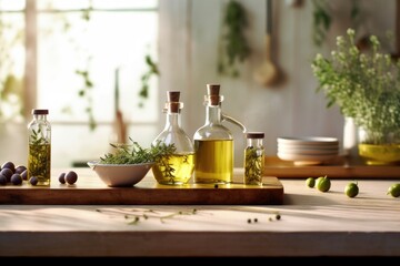 Wall Mural - Infused olive oil with herbs & spices. A wooden table with cooking equipment and olive oil on top. Copying space in white