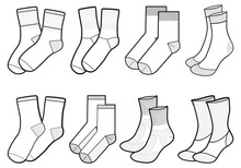 Set Of Mid Calf Length Socks Flat Sketch Fashion Illustration Drawing Template Mock Up, Calf Length Socks Cad Drawing For Unisex Men's And Women's, Quarter Crew Socks Design Drawing