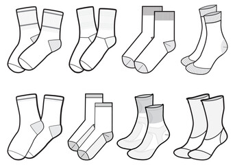 set of mid calf length socks flat sketch fashion illustration drawing template mock up, calf length 