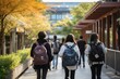 young teenagers students going for class in high school with backpacks talking to each other and walking together. early in the morning. Generative AI