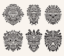 Creative Vector Set Of Ancient Tribal Masks. Indian, Aztec, African, Mayan, Historic, Tribal, Native Illustrations.