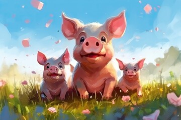 Poster - In a summer meadow, a cute pig family with a child sits in the mud. a cartoon illustration of numerous charming farm animals