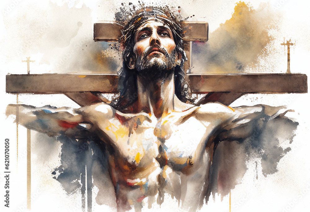 Watercolour painting of the Crucifixion of Jesus Christ on the crucifix ...
