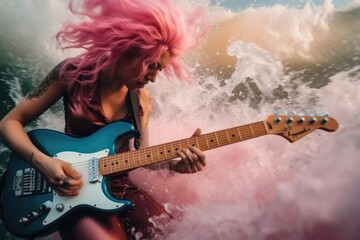 Punk girl with pink hair style playing guitar with passionate while rock n roll water wave splashing in turbulence around her with colorful smoke. Picturesque generative AI