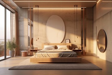 Wall Mural - In the beige bedrooms interior, a bed on carpet, a sink, and a mirror can be seen in the distance. An empty light wall within the mockup copy area.