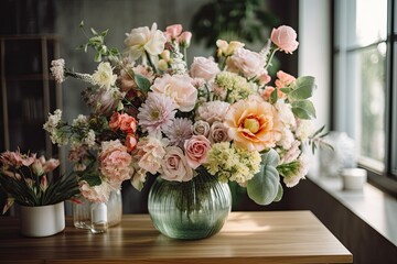 luxurious pastel flower arrangement in vase on wooden table, created with generative ai