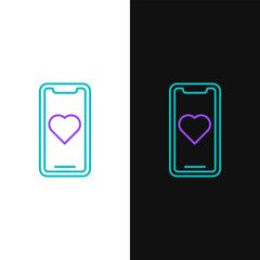 Wall Mural - Line Mobile phone with heart icon isolated on white and black background. Valentines day. Colorful outline concept. Vector