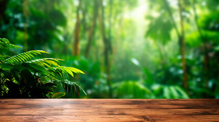 Wall Mural - Wooden table top with blur background of amazon rainforest