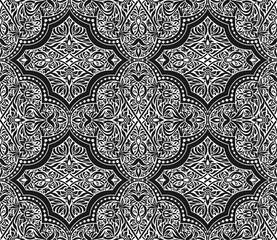 Canvas Print - Arabian black and white seamless pattern with flowers and frames