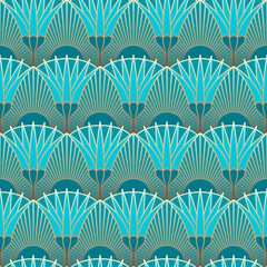 Blue Egyptian Lotus Art Deco Seamless Pattern
