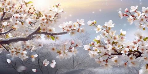 Poster - A detailed description of a cherry tree It is typical to see white flowers or tree blossoms with a wonderful fragrant aroma. An abstract and airy background for a spring banner with a flower-filled