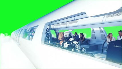 Canvas Print - 3d people and robots. flying passenger train. utopia. concept of the future.green screen. realistic 