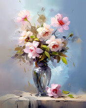 Oil Paintings Flowers In Vase, Still Life With Flowers. Artwork, Fine Art, Generative Ai 