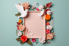 Frame With White Doves And Colorful Paper Flowers AI-generated