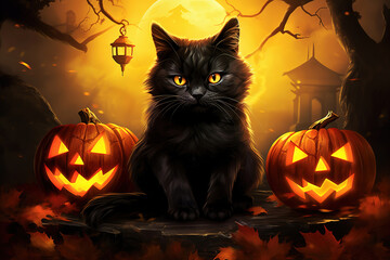 Wall Mural - wickedly grinning black cat with glowing eyes perched on a jack-o-lantern, generative ai