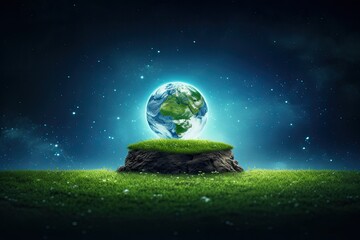 Poster - Earth is a little planet in terms of environmental protection or eco-friendly actions. A solitary tree stands alone in a field of green grass, with a forest and starry sky in the background.