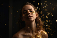 Gilded Beauty: Woman Adorned With Falling Gold Flakes - Timeless Glamour And Captivating Splendor - Generative AI