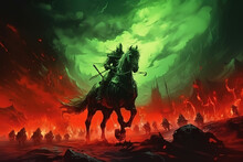 Death On Horseback Leads An Army Of The Dead To War. Green Fire Illuminates The Sky, Generative Ai 
