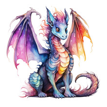 Cute Baby Dragon Sitting Isolated On White. Watercolors, And Fantastic Animals In A Cartoon Style On A White Background