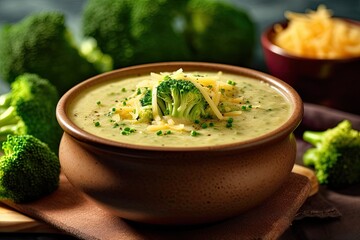 Poster - In a wooden bowl with the soup and bowl standing out from the backdrop, broccoli cheddar cheese soup